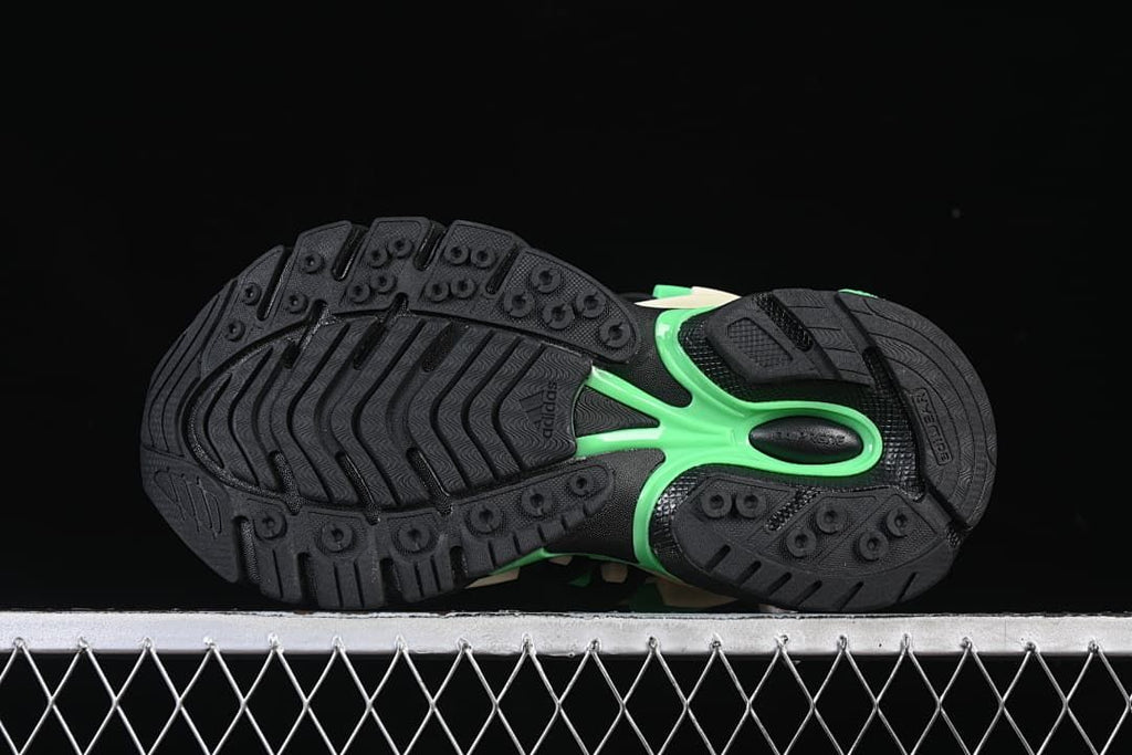 Underside view showing the black outsole and its patterned tread