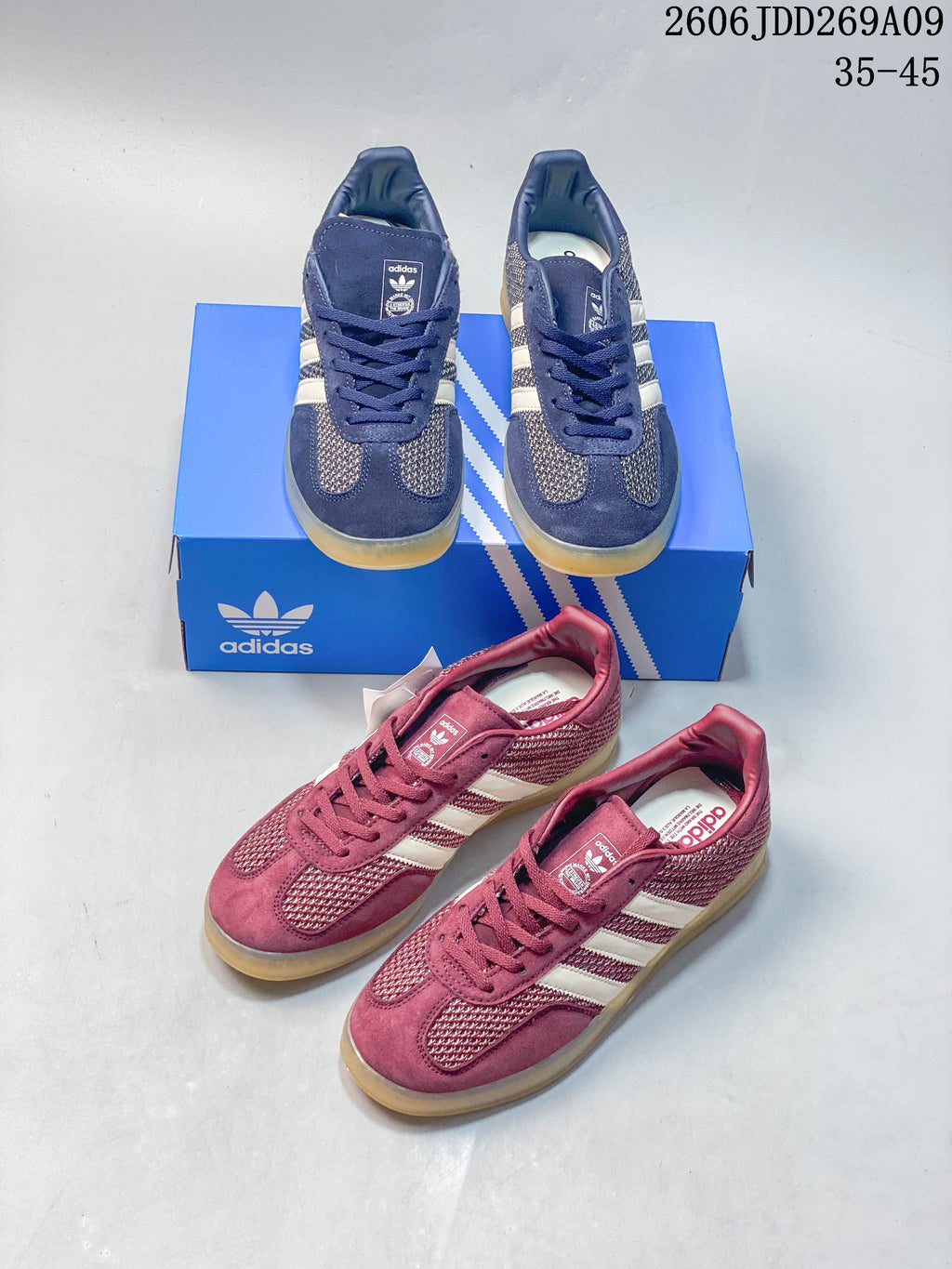 Navy and burgundy adidas Gazelle Indoor sneakers shown together