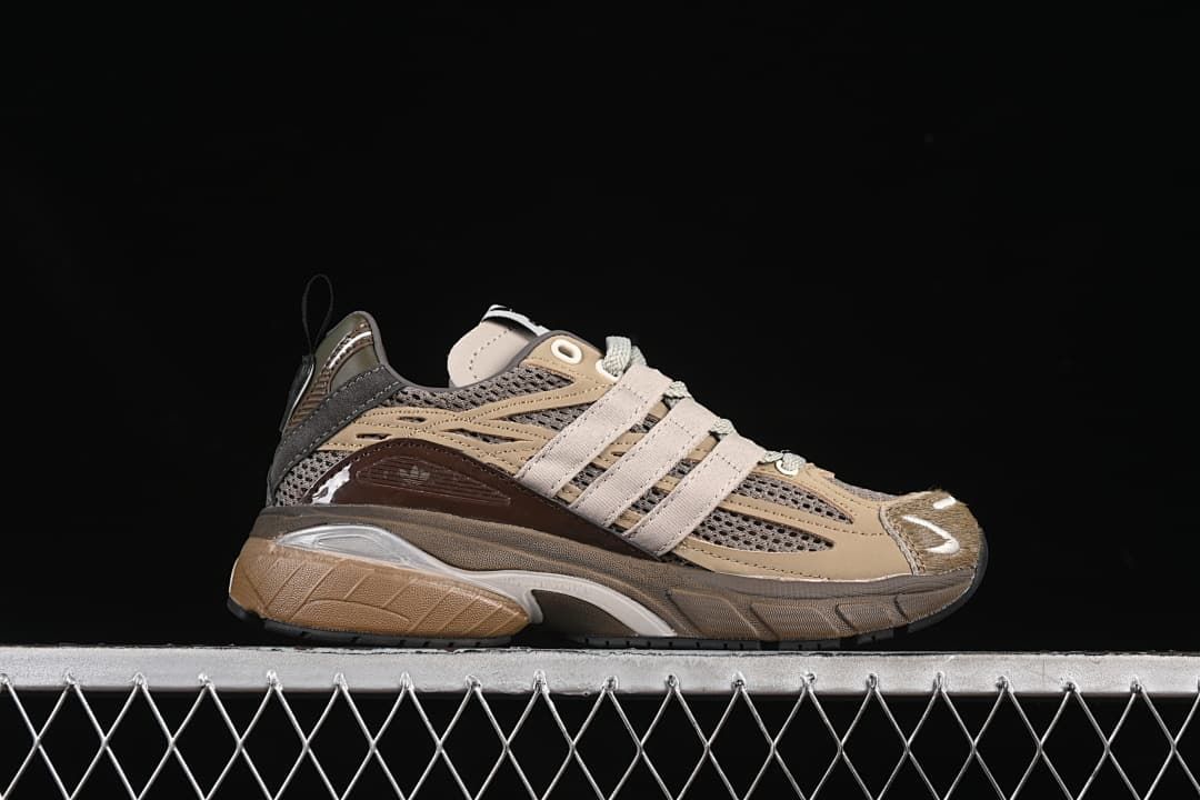 Side profile of the sneaker with layered panels and sculpted sole