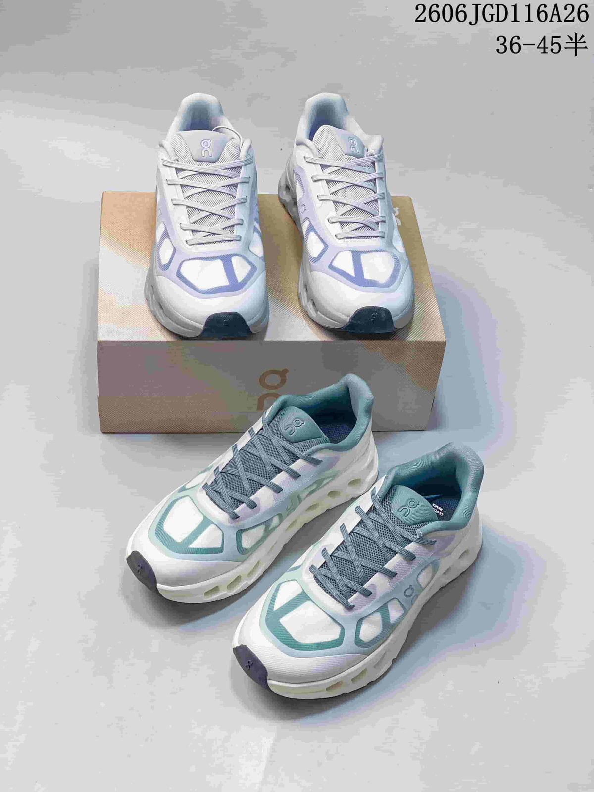 White On Cloudtilt Remix sneakers shown in lavender- and teal-accented versions.