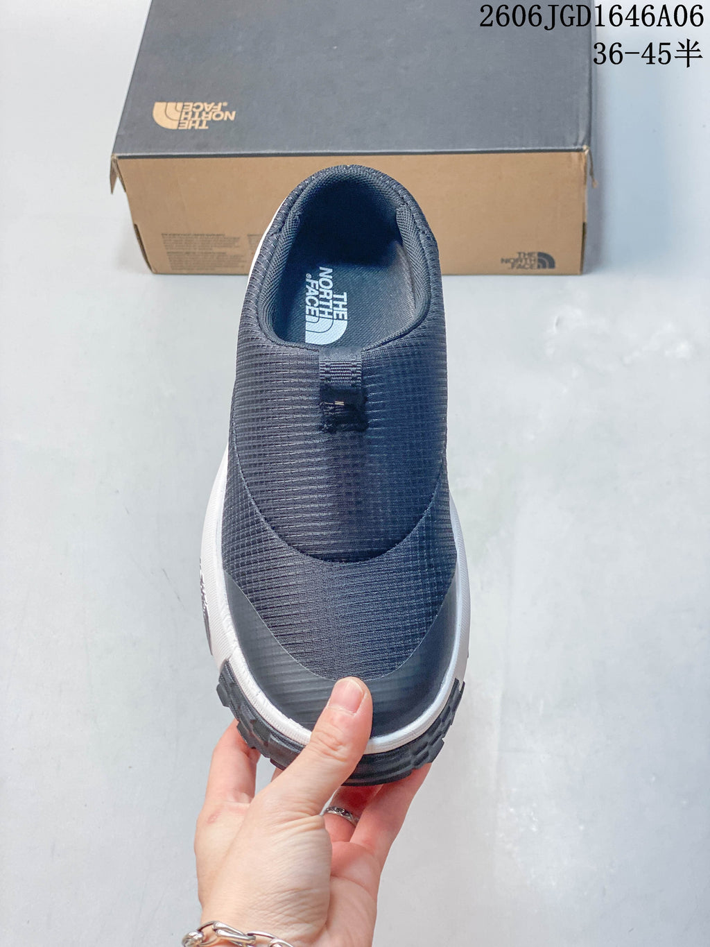 Top view of the mule showing its closed toe and slip-on opening