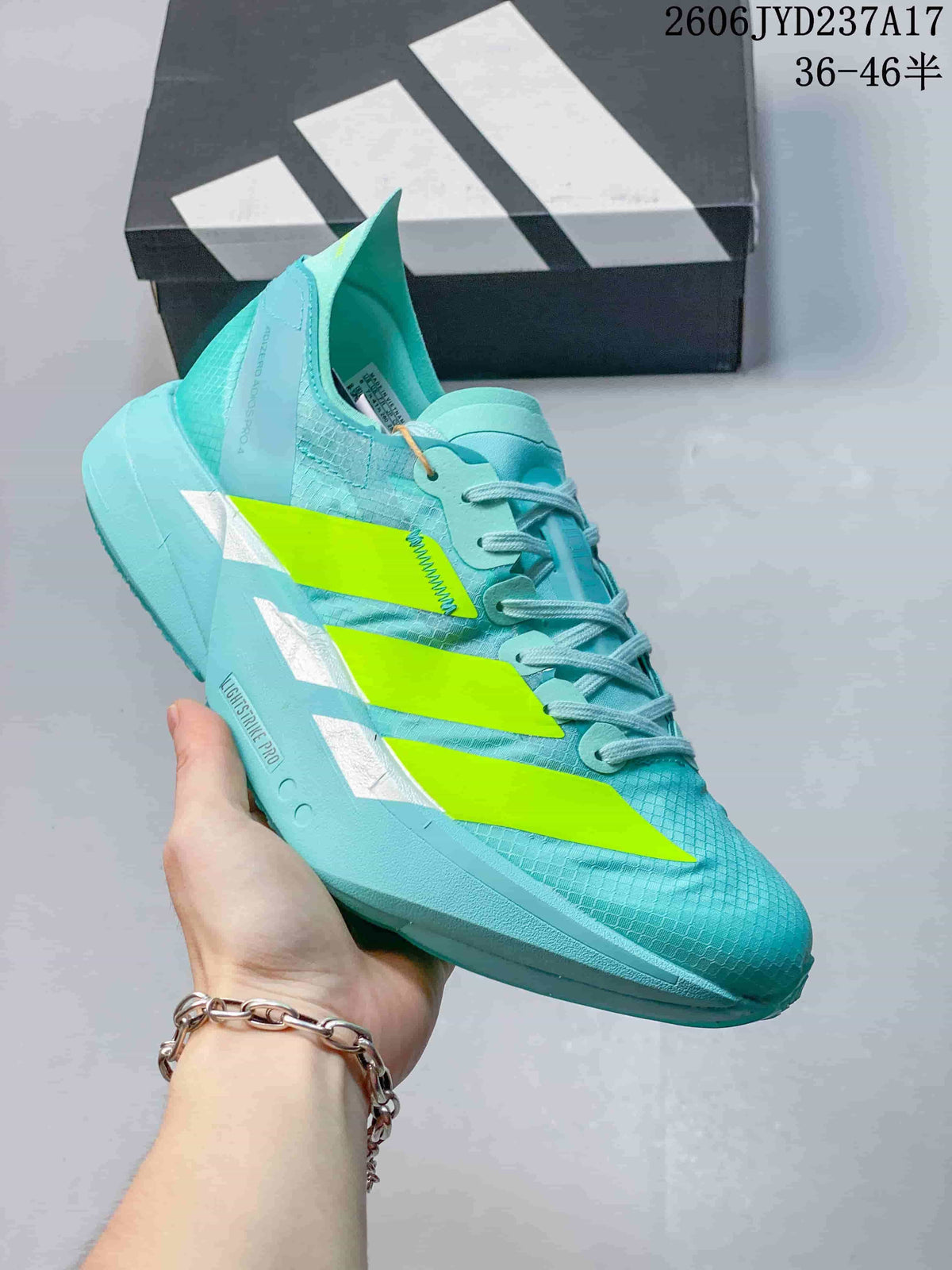 Side view of an aqua Adidas Adizero Adios Pro 4 running shoe