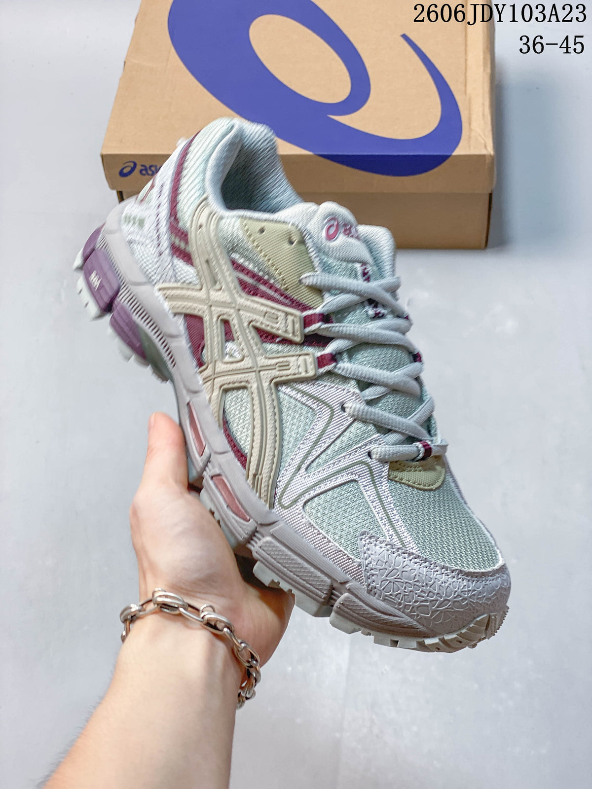 Angled close-up of one ASICS Gel-Kahana 8 sneaker showing the side overlays and lace-up design.