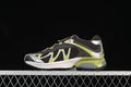 Side profile of dark brown Salomon XT-Whisper sneakers with silver and lime accents
