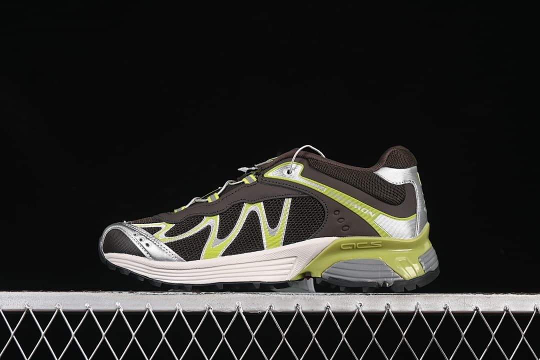 Side profile of dark brown Salomon XT-Whisper sneakers with silver and lime accents