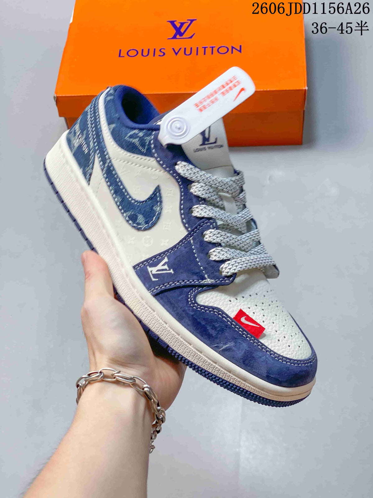 White and blue low-top sneaker shown from the side with patterned overlays and contrast laces.