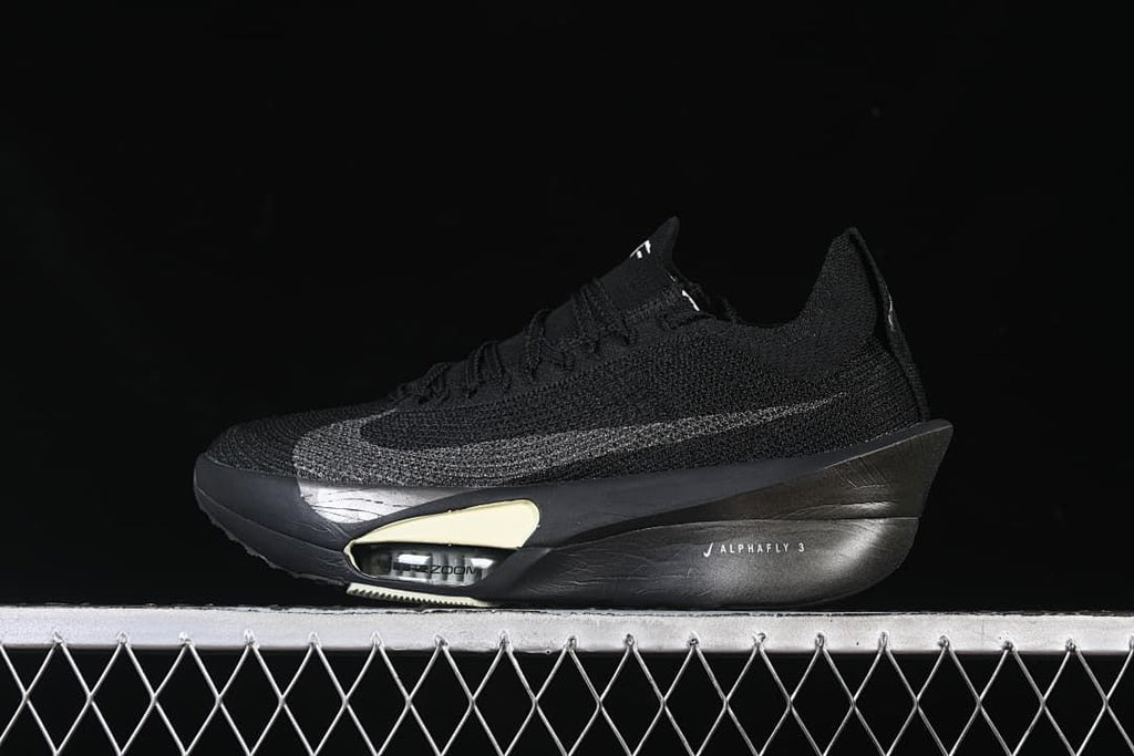 Side profile of a black Nike Alphafly 3 running shoe