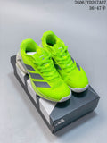 Pair of bright yellow adidas Adizero tennis shoes with gray stripes, shown from above.