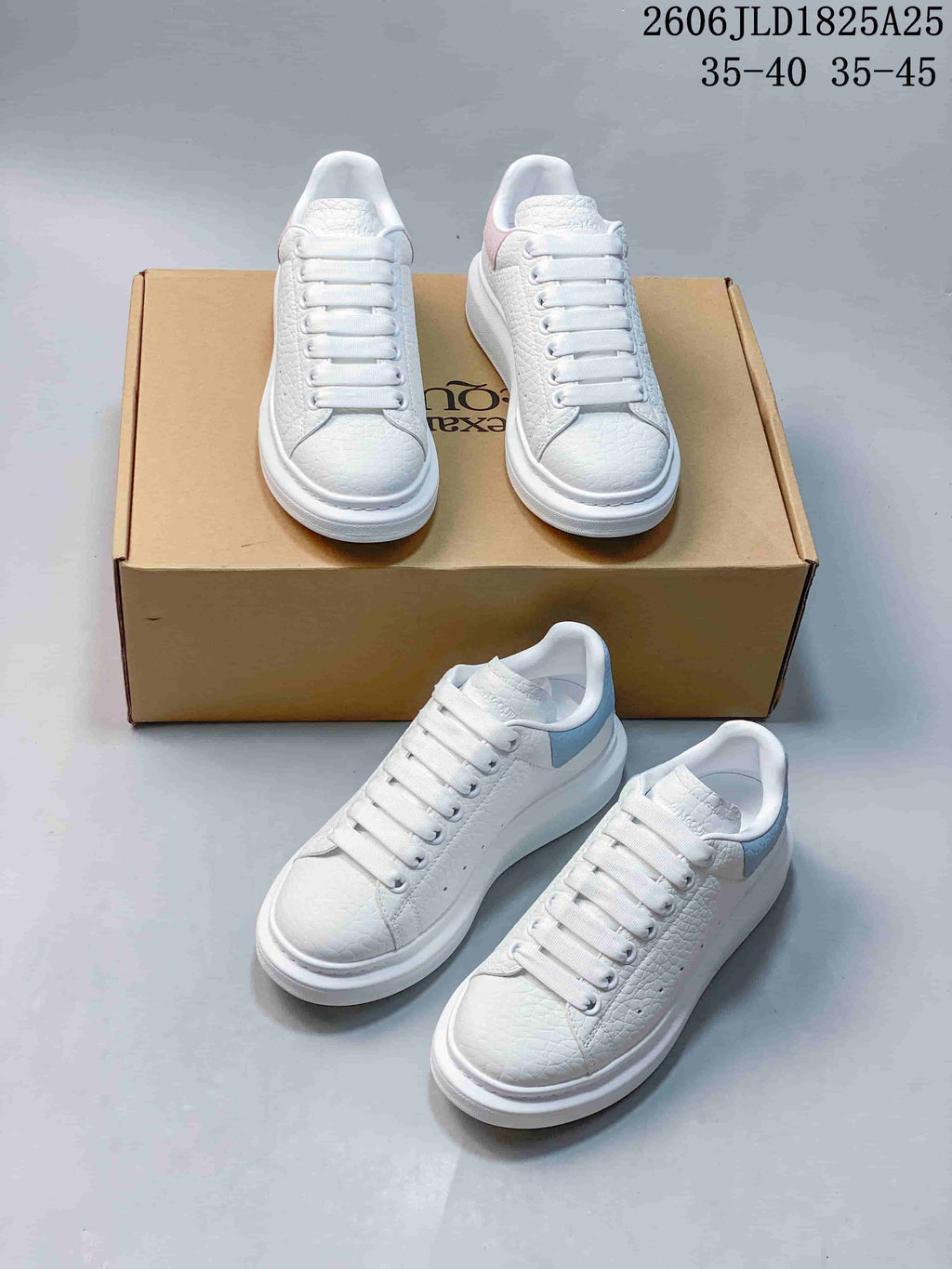 Several views of white textured sneakers with pale pink or pale blue heel panels; size ranges 35–40 and 35–45 appear in the image.
