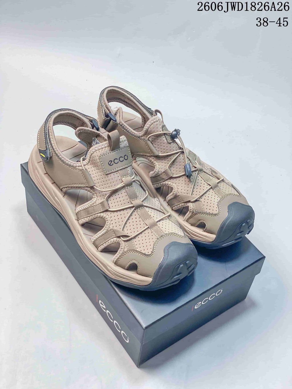 Three ECCO open-toe sandals in beige, white, and dark gray shown from the side; style and size-range text is visible.