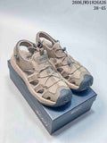Three ECCO open-toe sandals in beige, white, and dark gray shown from the side; style and size-range text is visible.