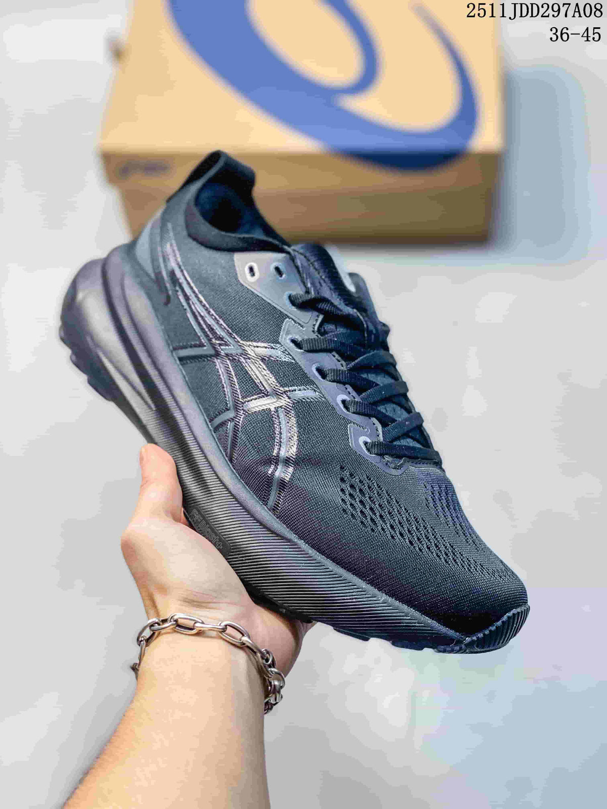 Dark gray ASICS running shoe shown from the side with contrasting accents