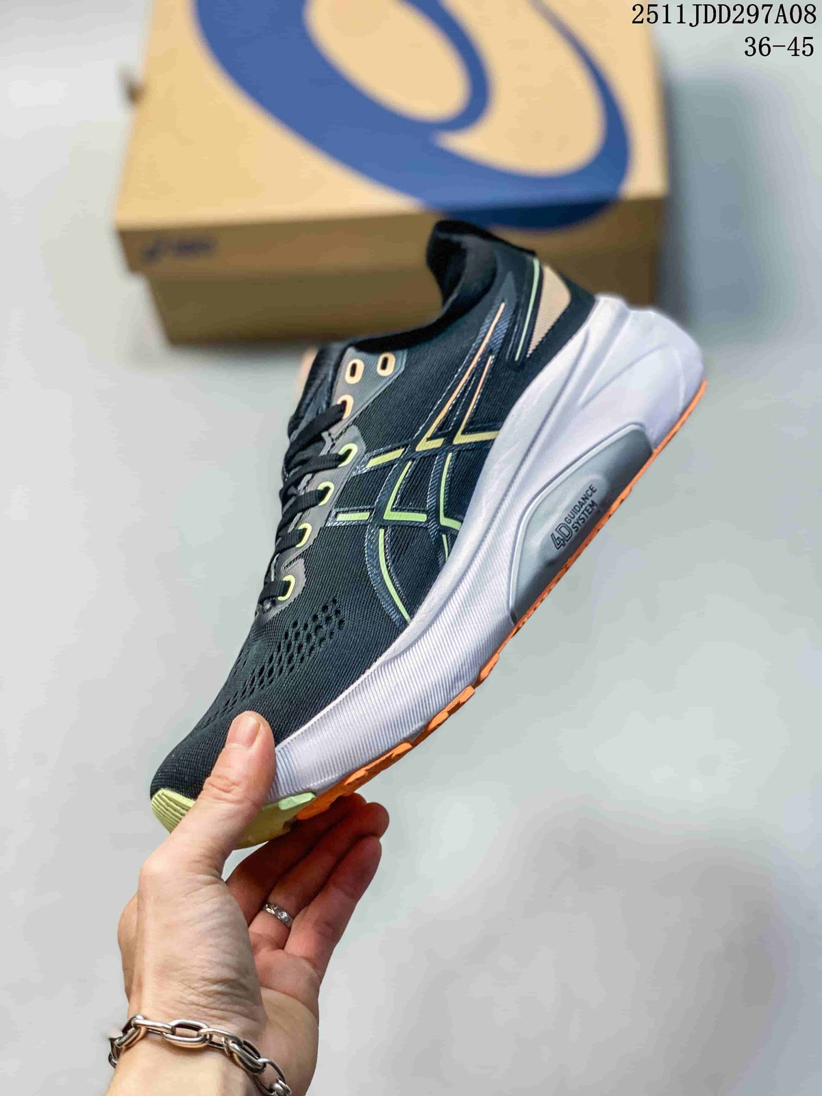 Side view of a charcoal ASICS shoe with lime detailing, white midsole, and orange outsole accents.