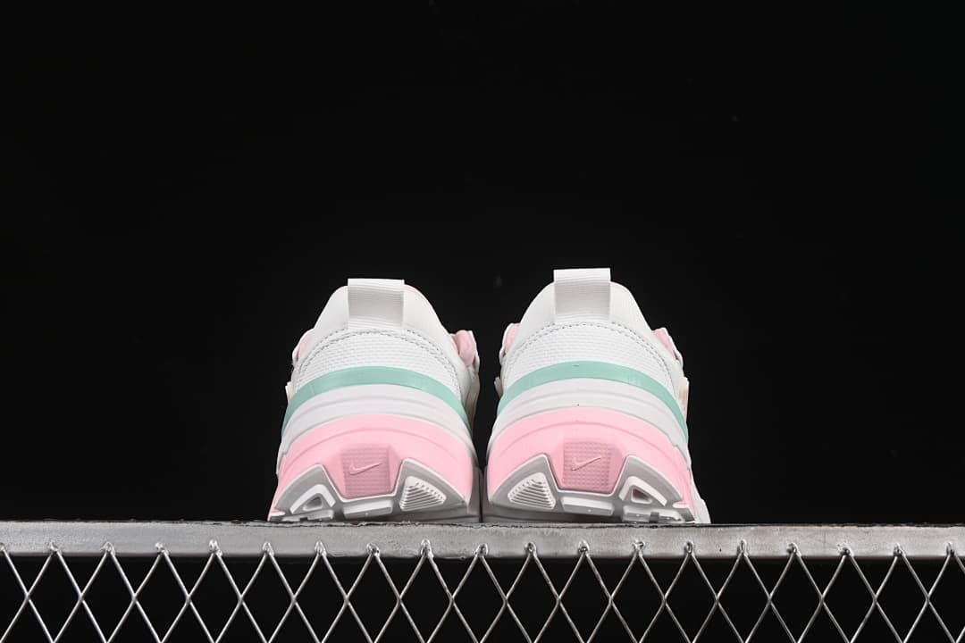 Rear view of the pair showing pink and mint accents