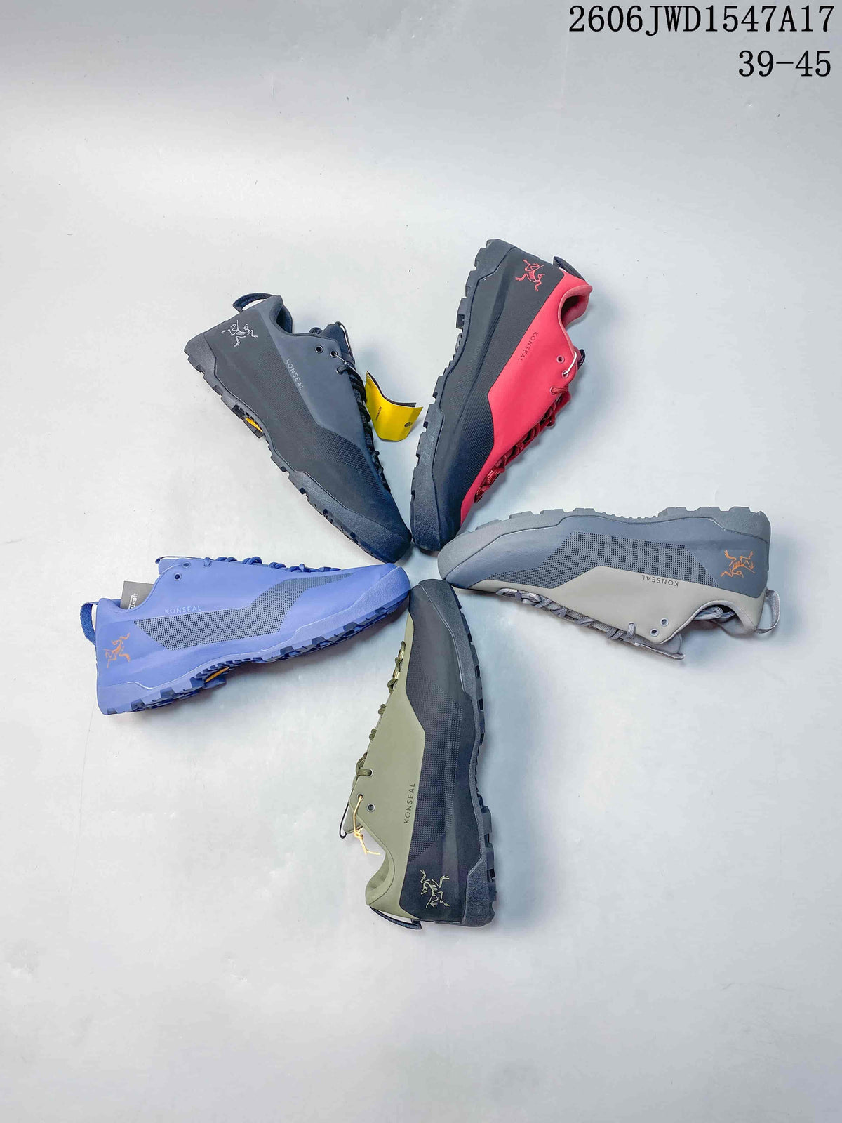 Five Arc'teryx Konseal low-top shoes shown in different colors