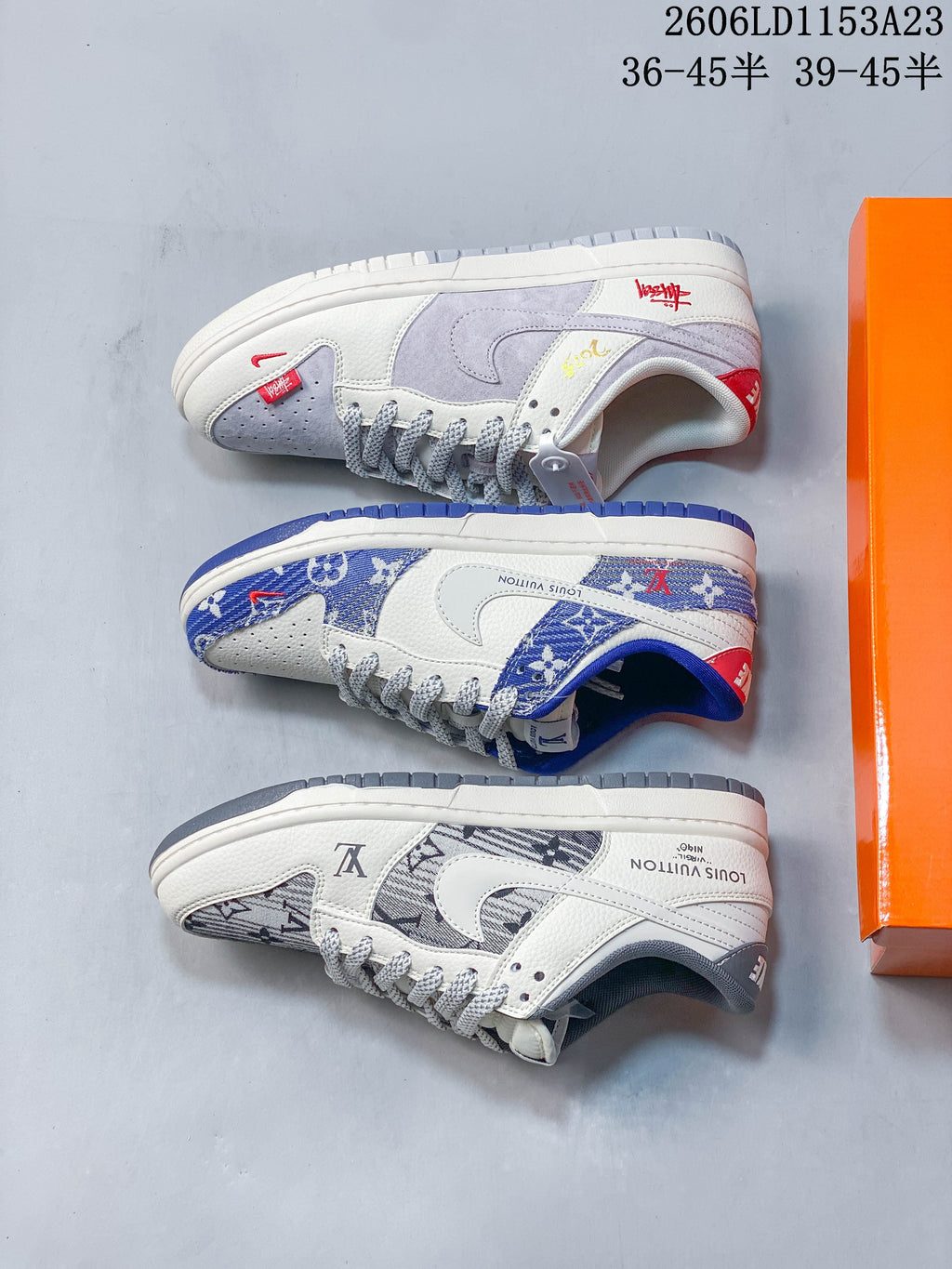 Three different low-top sneaker designs arranged side by side
