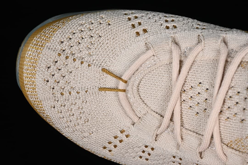 Top view of the knit toe box and lace-up area.