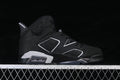 Side view of a black Air Jordan 6 Retro sneaker with light-colored panel trim and heel accents.
