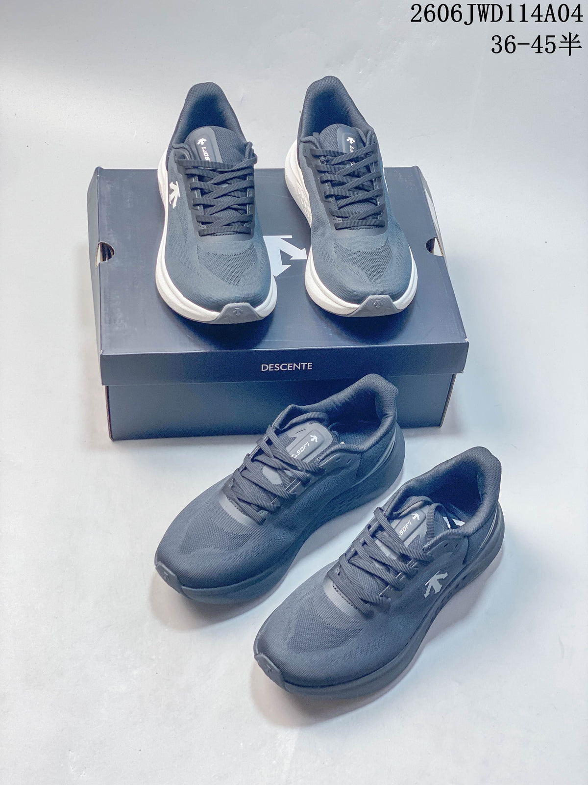 Several views of blue-gray DESCENTE low-top sneakers with lace-up fastening.