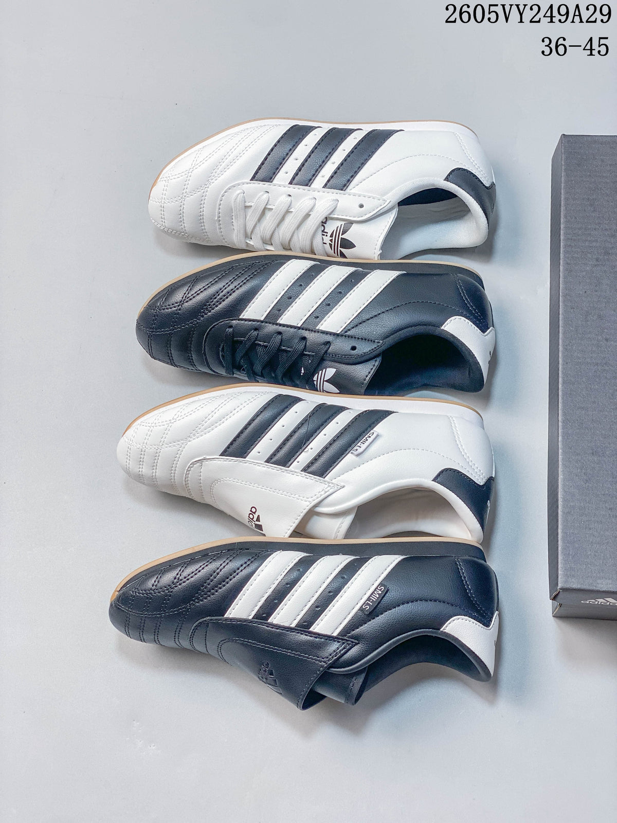 Four shoes shown from above, displaying dark lace-up and strap styles alongside white versions.