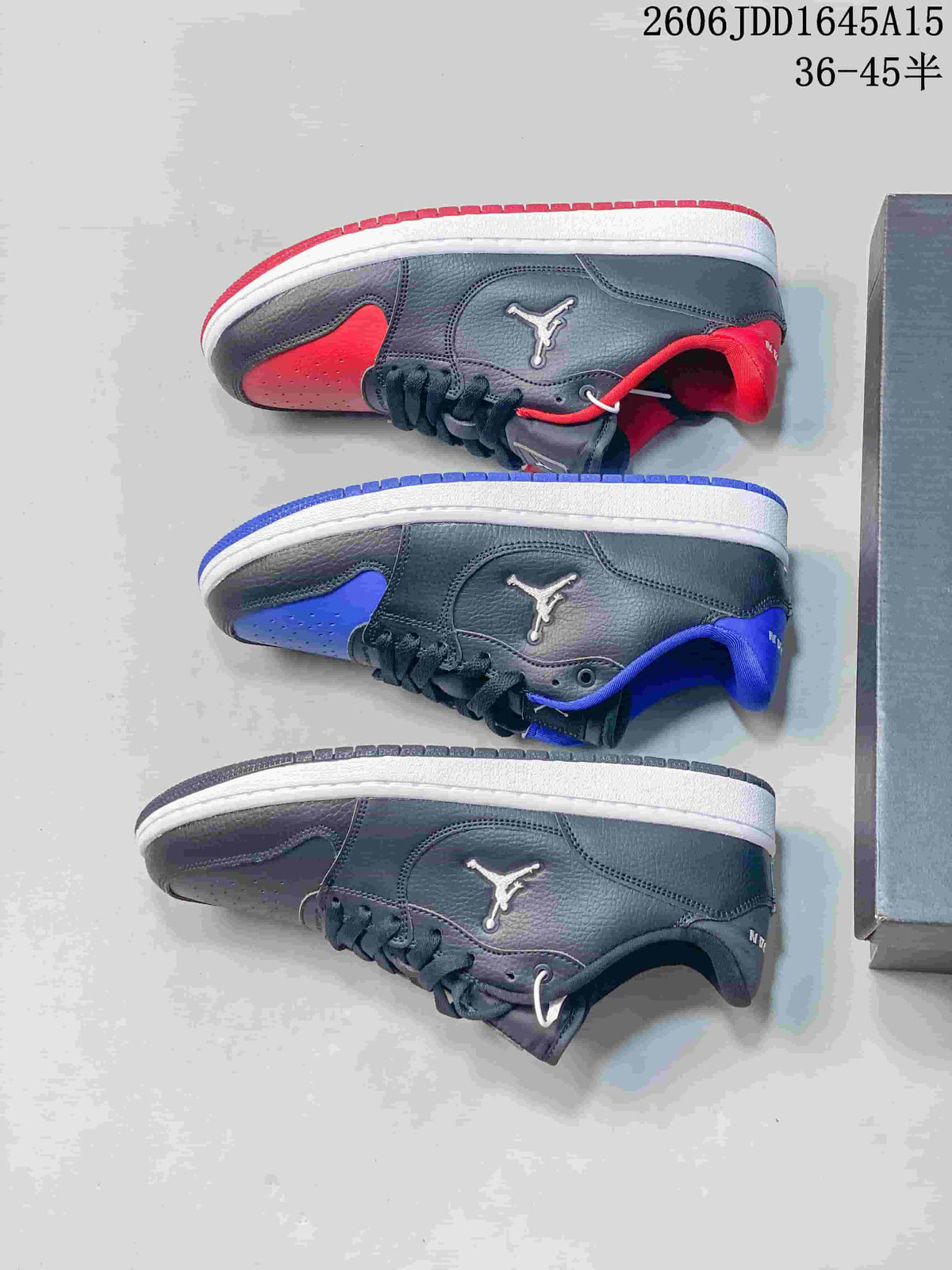 Three colorways of Jordan Court Connect low-top sneakers shown from above.