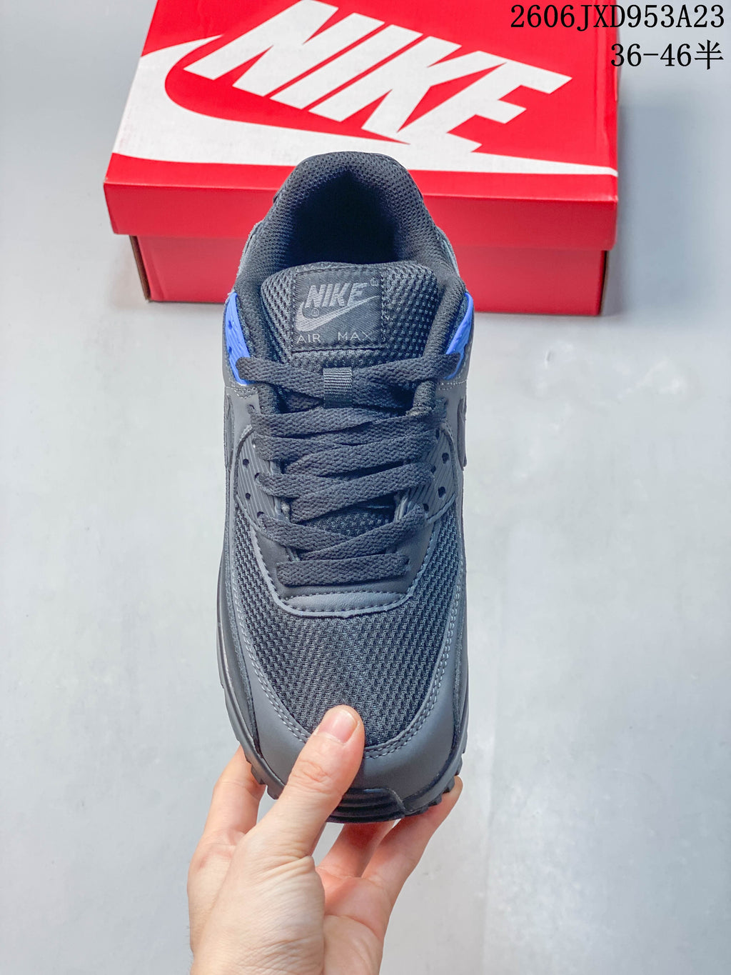 Front view of the Nike Air Max 90 with mesh panels and blue details