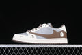 Side view of a low-top sneaker with white, gray, and brown panels and a brown Swoosh.