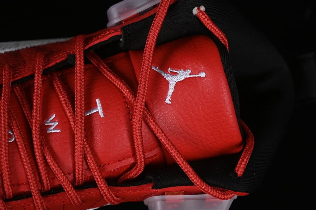 Close-up of the red tongue, laces, and Jumpman logo