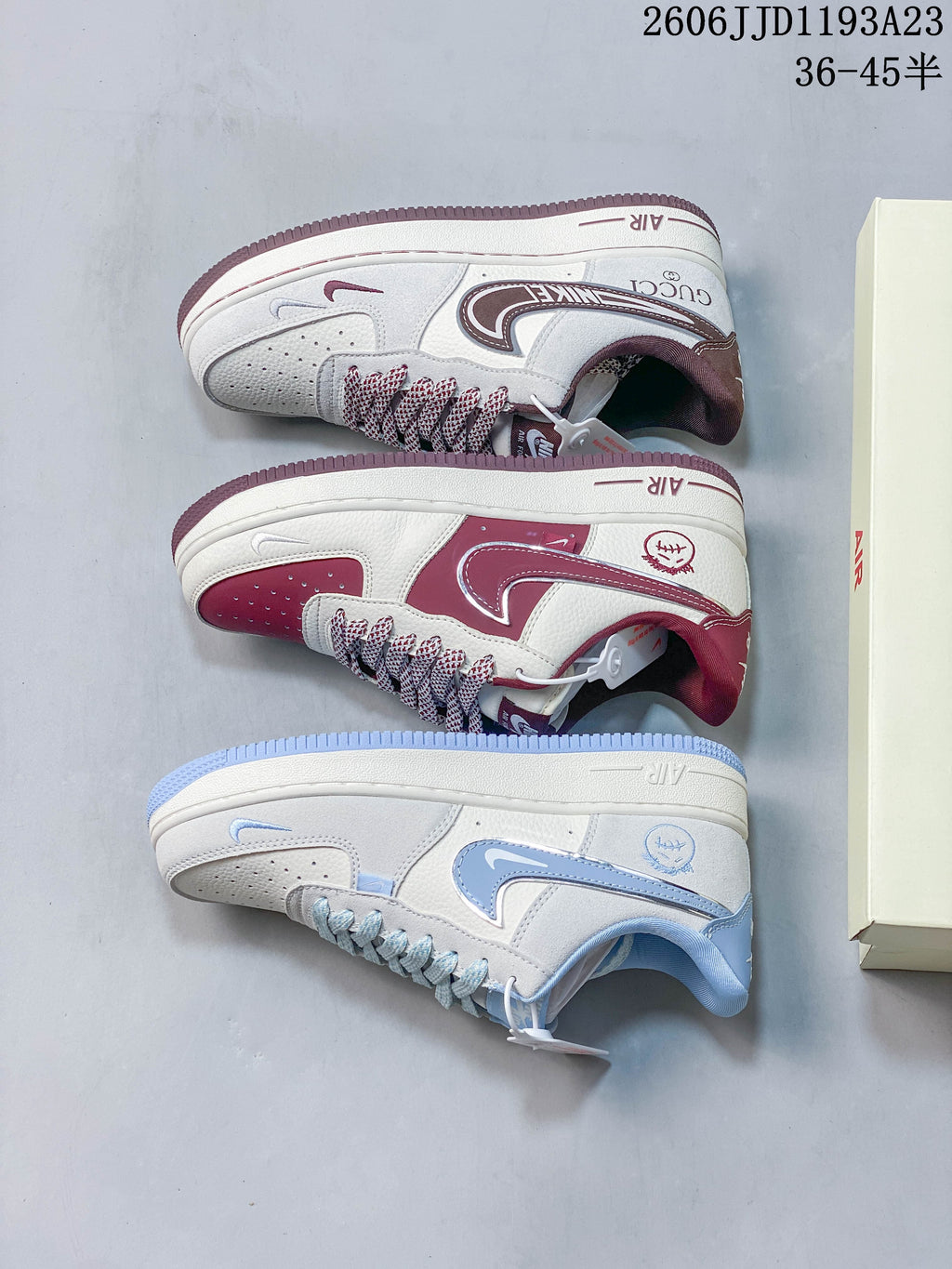 Three white sneaker color variations, including ice blue and burgundy