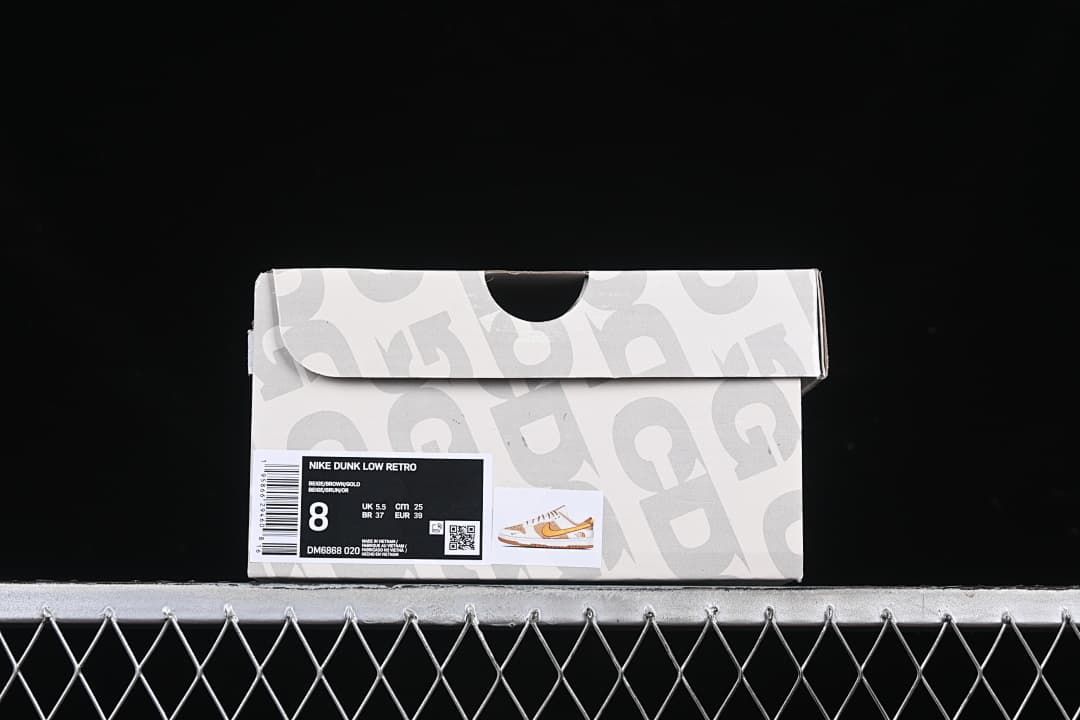 Sneaker box label showing Nike Dunk Low Retro, style code DM6868 020, and sample size details