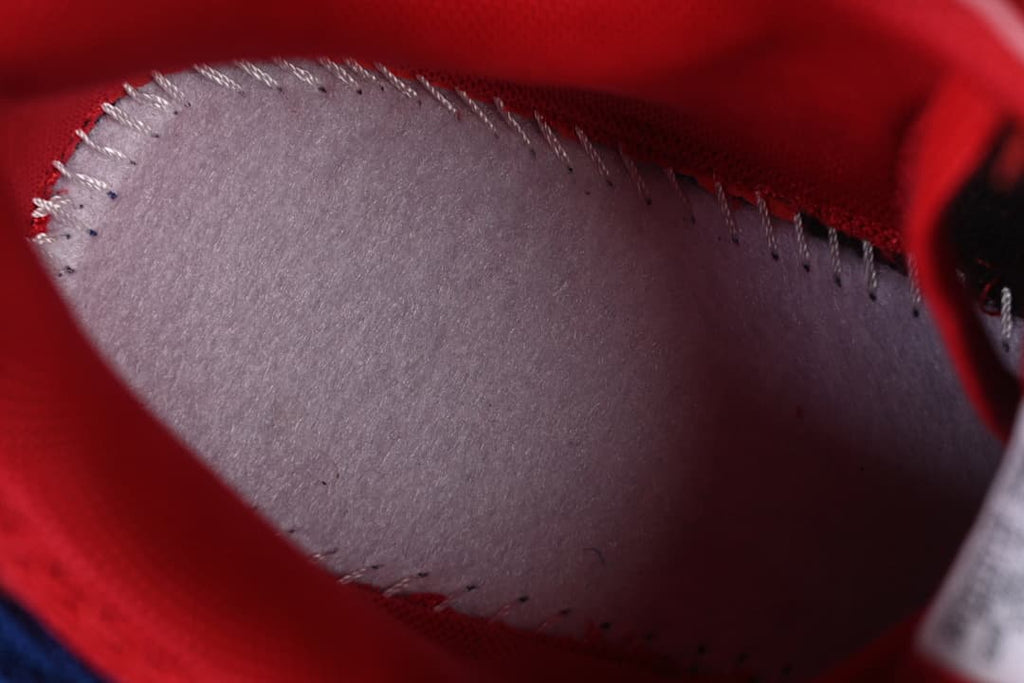 Close-up view inside the red-lined shoe