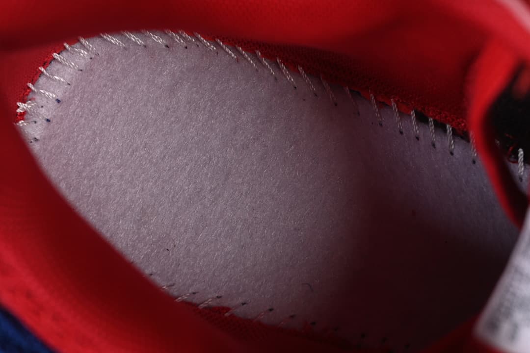 Close-up view inside the red-lined shoe