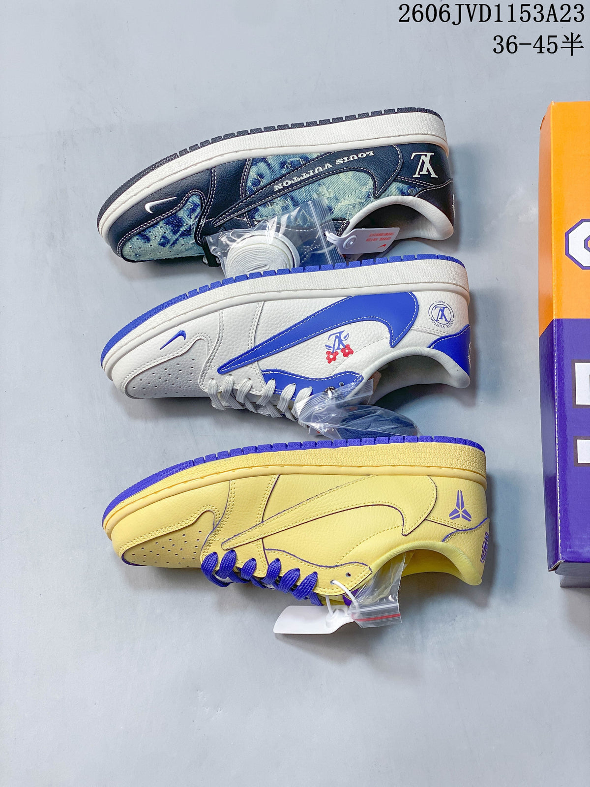 Three low-top sneakers shown from the side in different colorways.