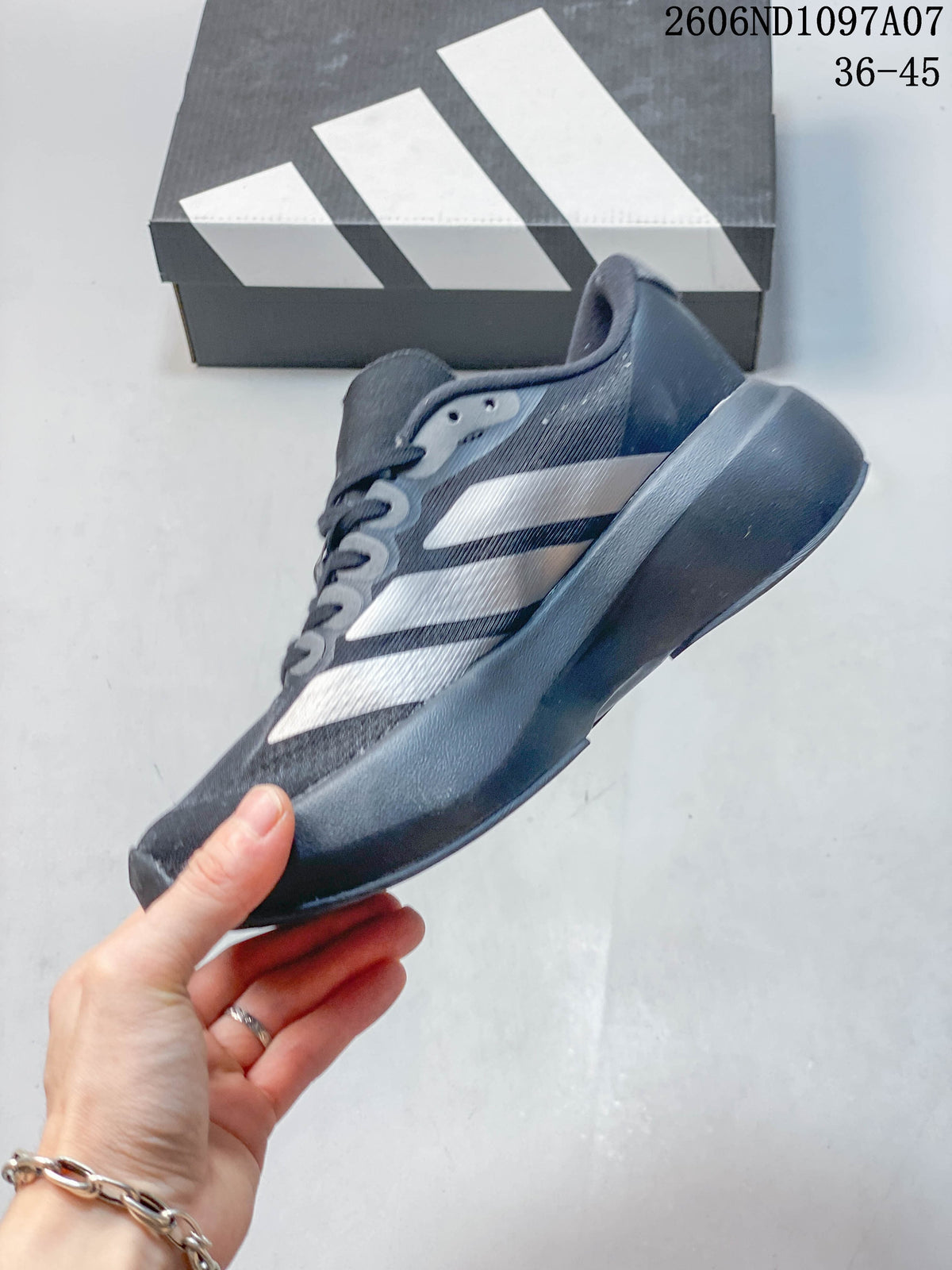 Side profile of a dark gray adidas Adizero Evo SL running shoe with silver-tone stripes.