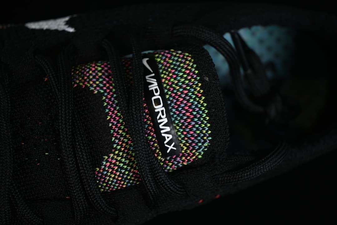 Close-up of the VaporMax tongue label and laces