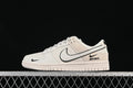 Side view of an off-white Nike SB Dunk Low with black Swoosh details and a heel-side “JUST DO IT.” graphic.