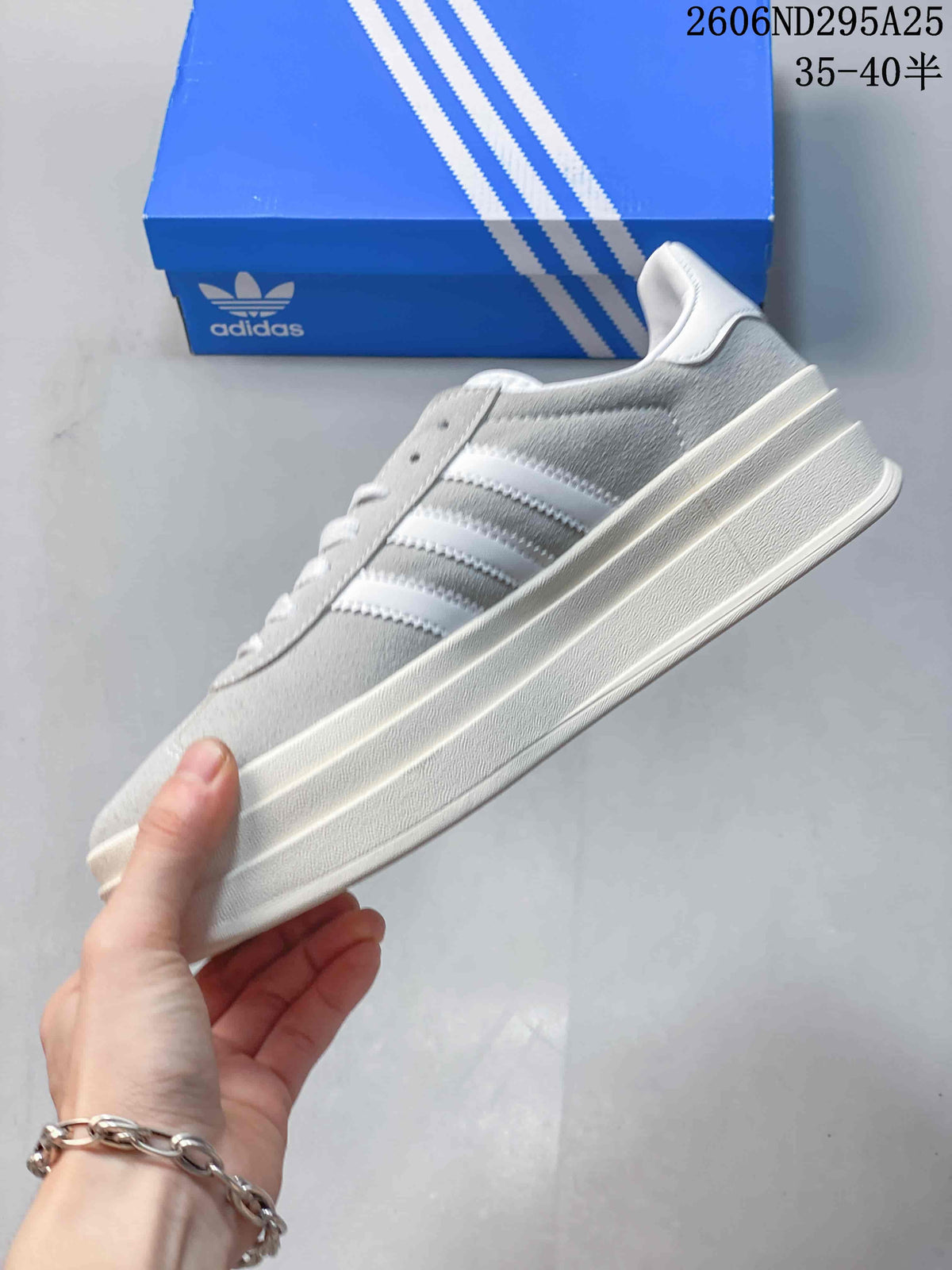 Side profile of a grey low-top sneaker with white stripes and a raised platform sole