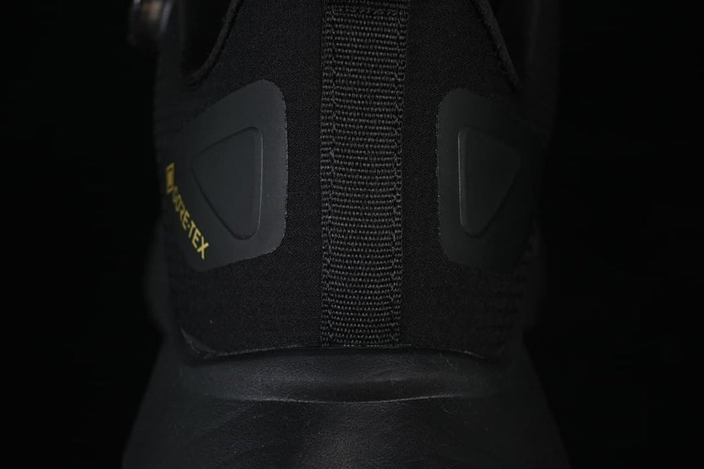 Rear view of the black shoe showing the heel pull tab and GORE-TEX-marked panels.