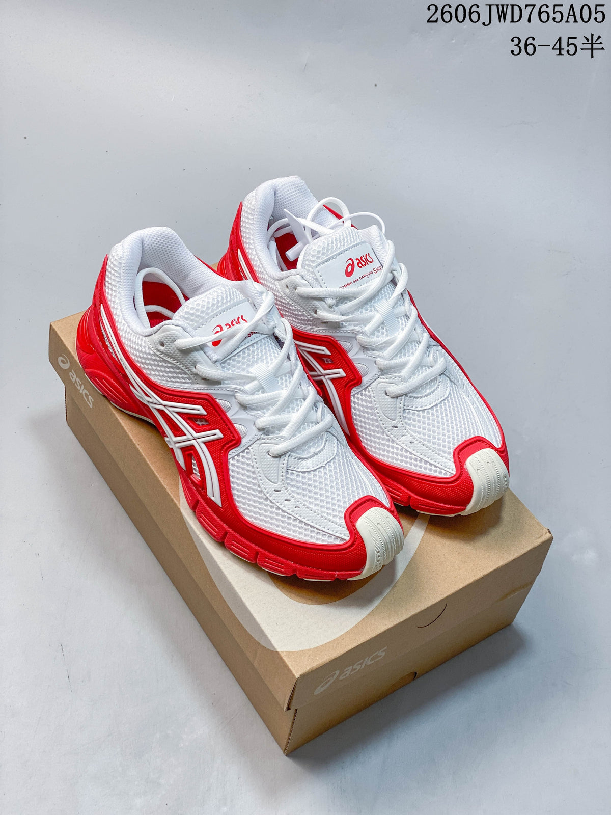 White and red ASICS Gel-TRUCK sneakers shown from above on a shoebox
