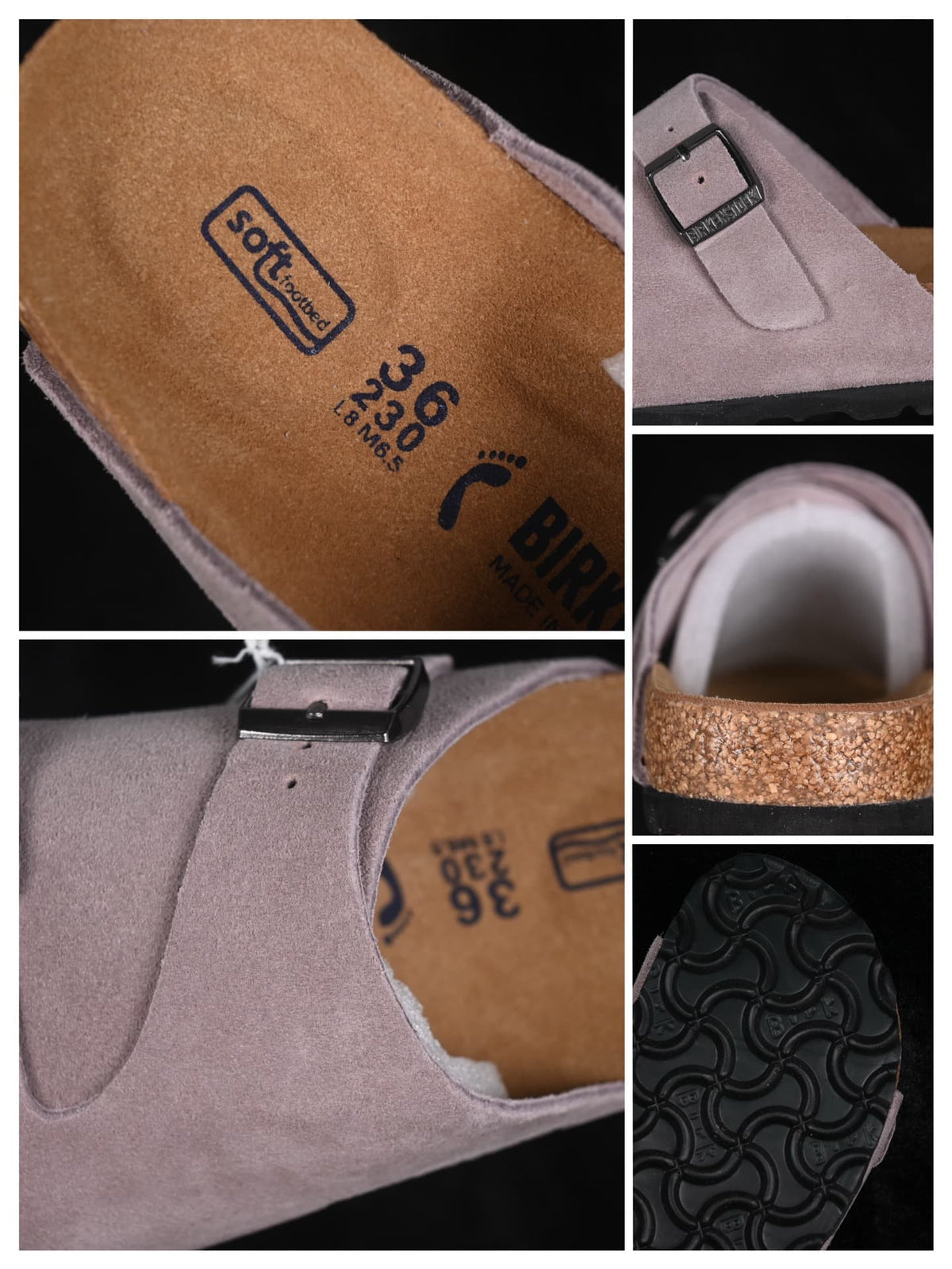 Collage showing the footbed marking, buckle, padded lining, cork-look edge and patterned outsole.