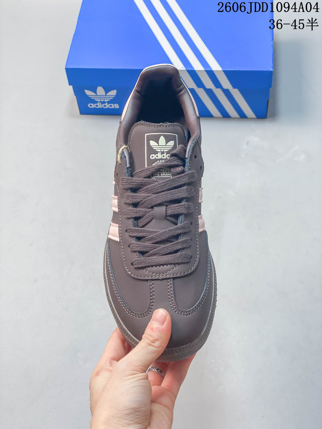 Top view of the lace-up front and tongue of the Adidas Samba OG sneaker