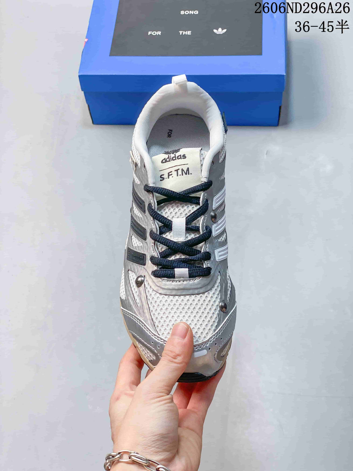 Front view showing the laces, toe and layered upper