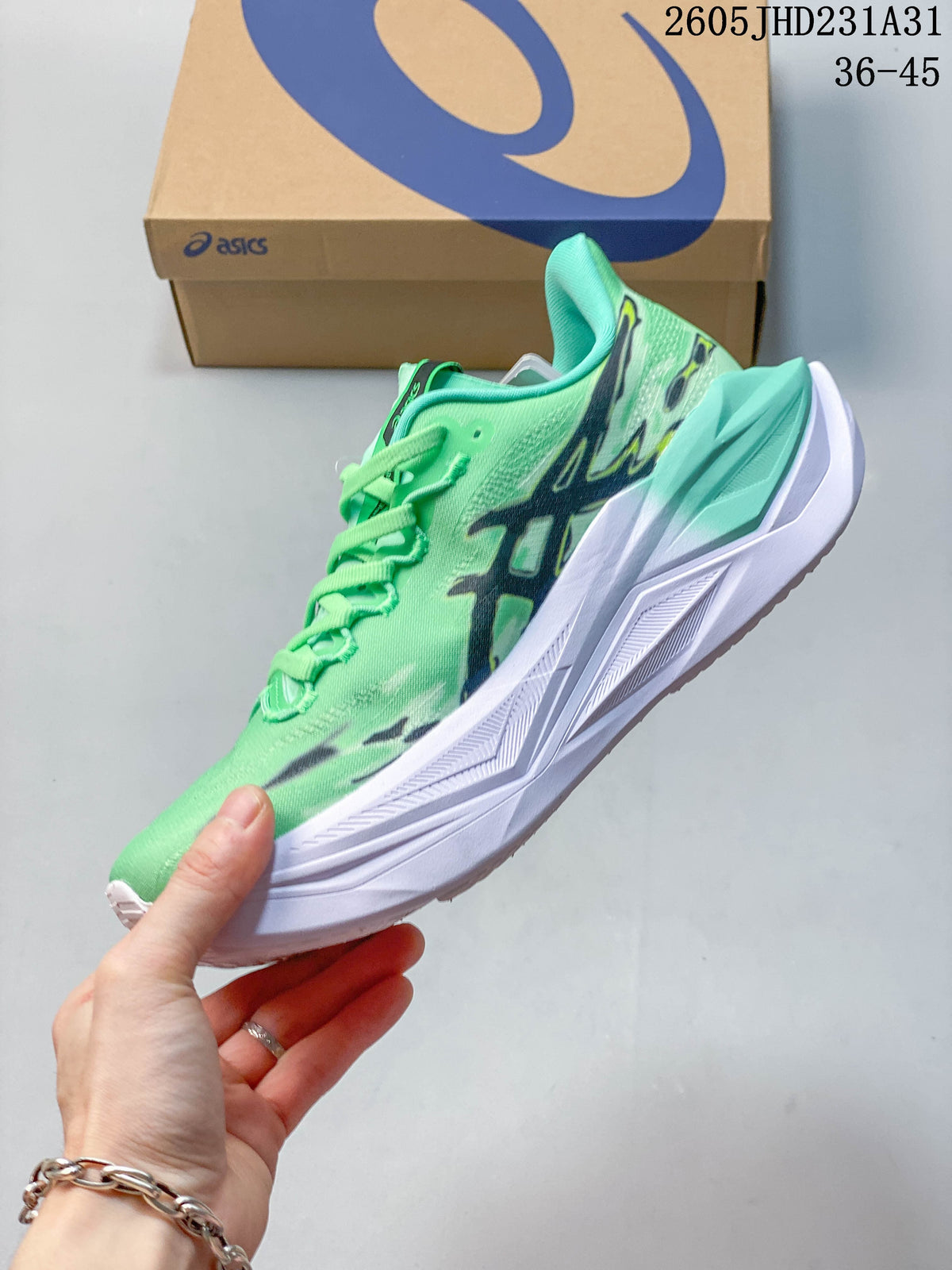 Side profile of the green running shoe with dark graphics