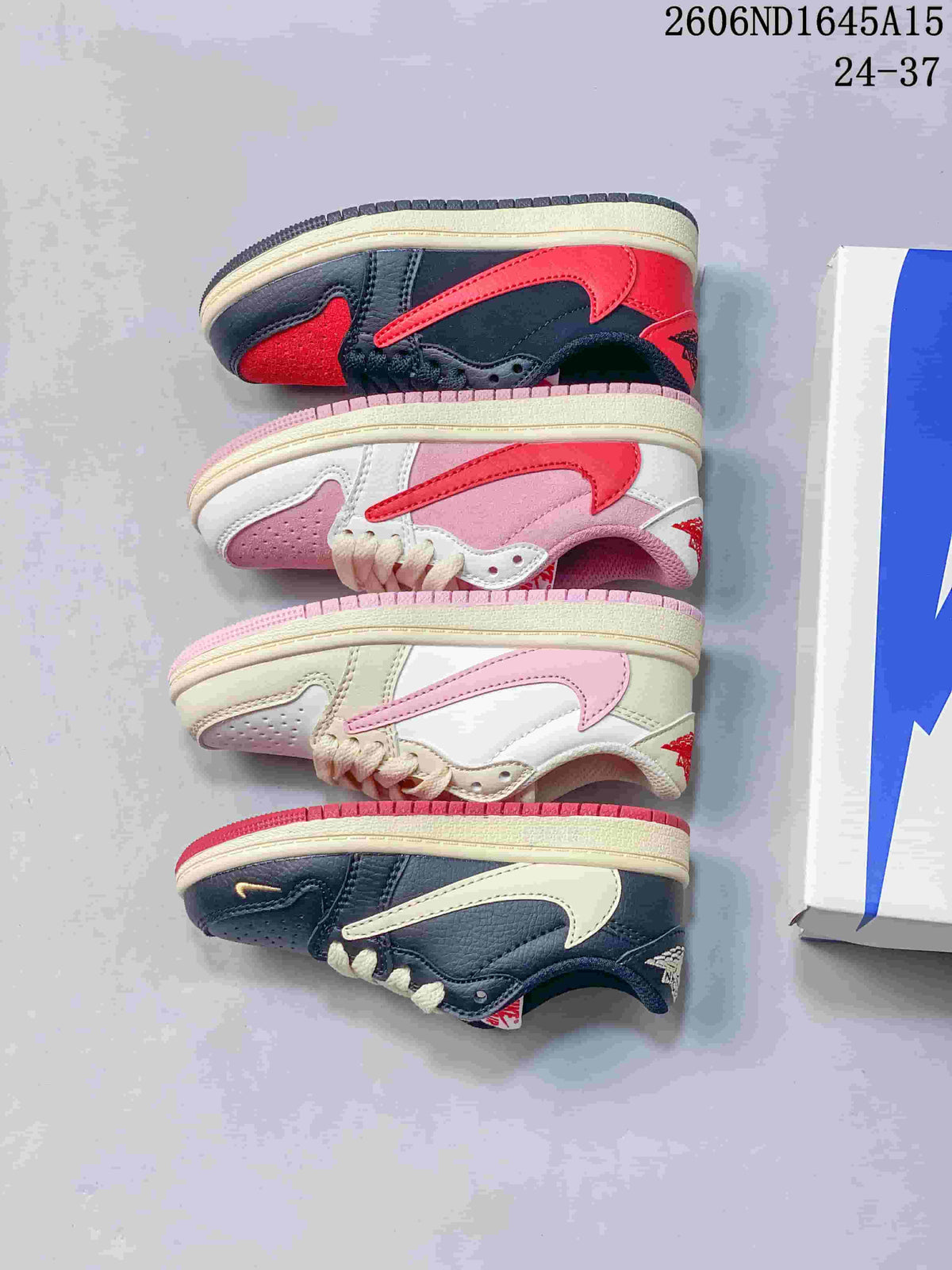 Four kids’ low-top sneaker colorways shown from the side.