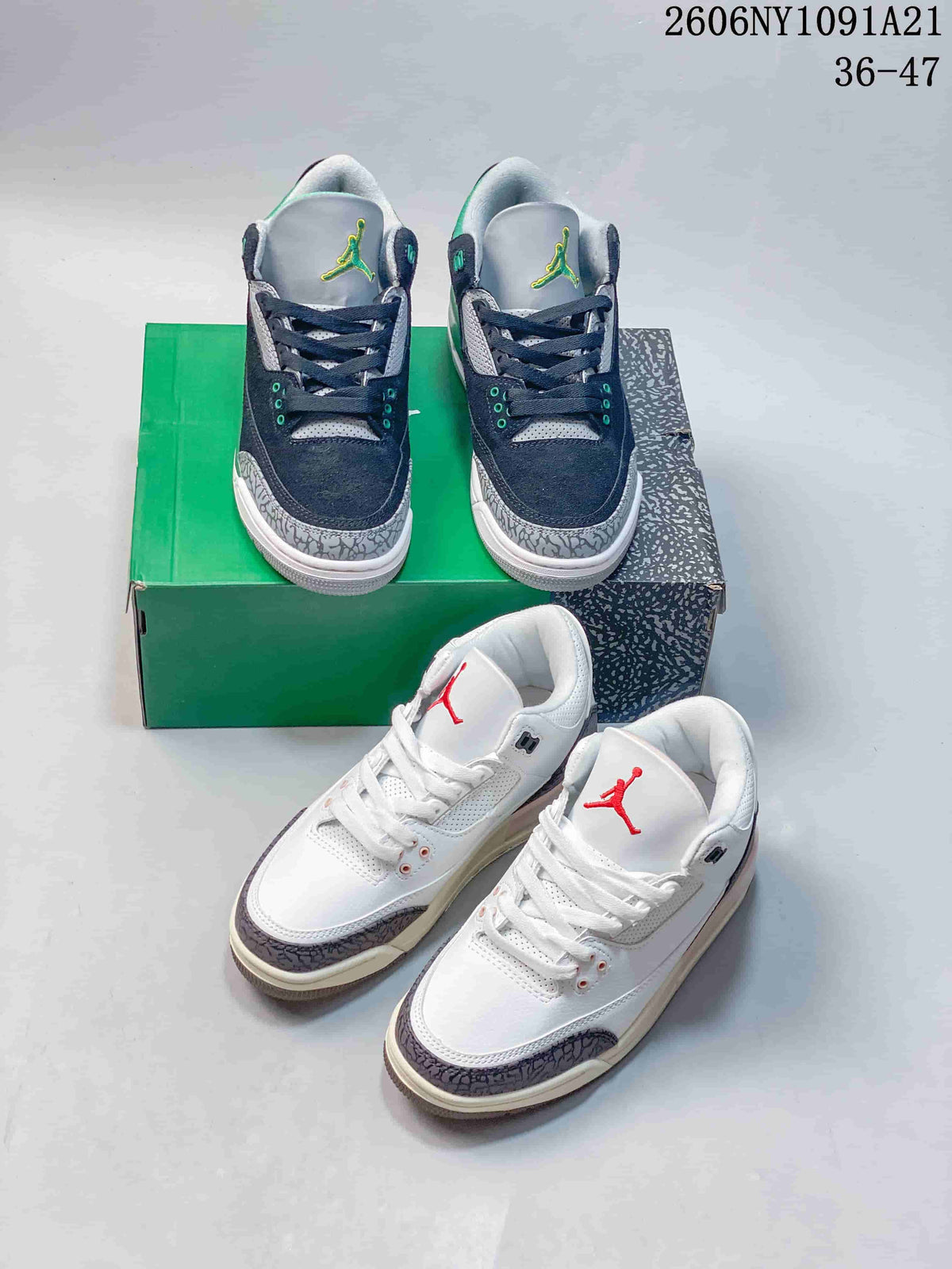 White and dark gray Air Jordan 3 sneaker pairs shown together with their boxes.