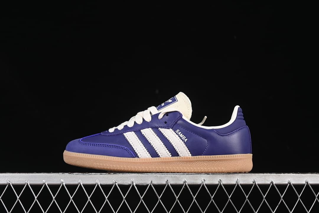 Side profile of the purple and white Samba OG sneaker