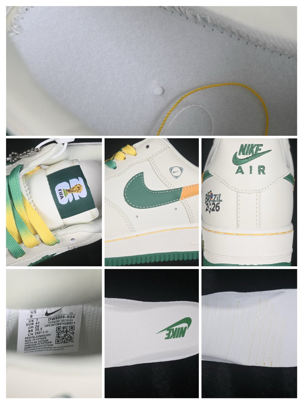 Detail collage showing the branded tongue, green Swoosh, Brazil 2026 graphics, interior label, and Nike insole branding.