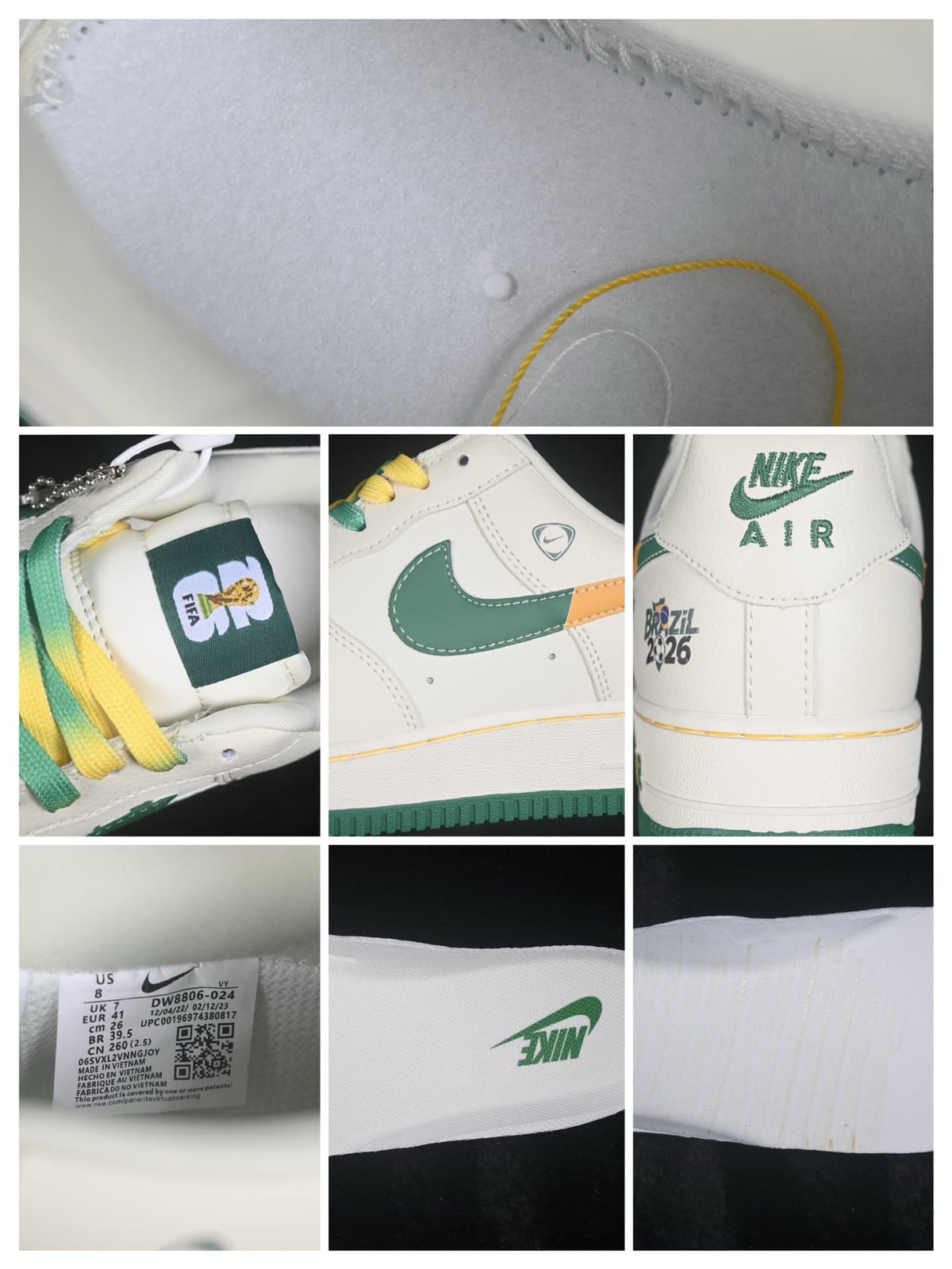 Detail collage showing the branded tongue, green Swoosh, Brazil 2026 graphics, interior label, and Nike insole branding.