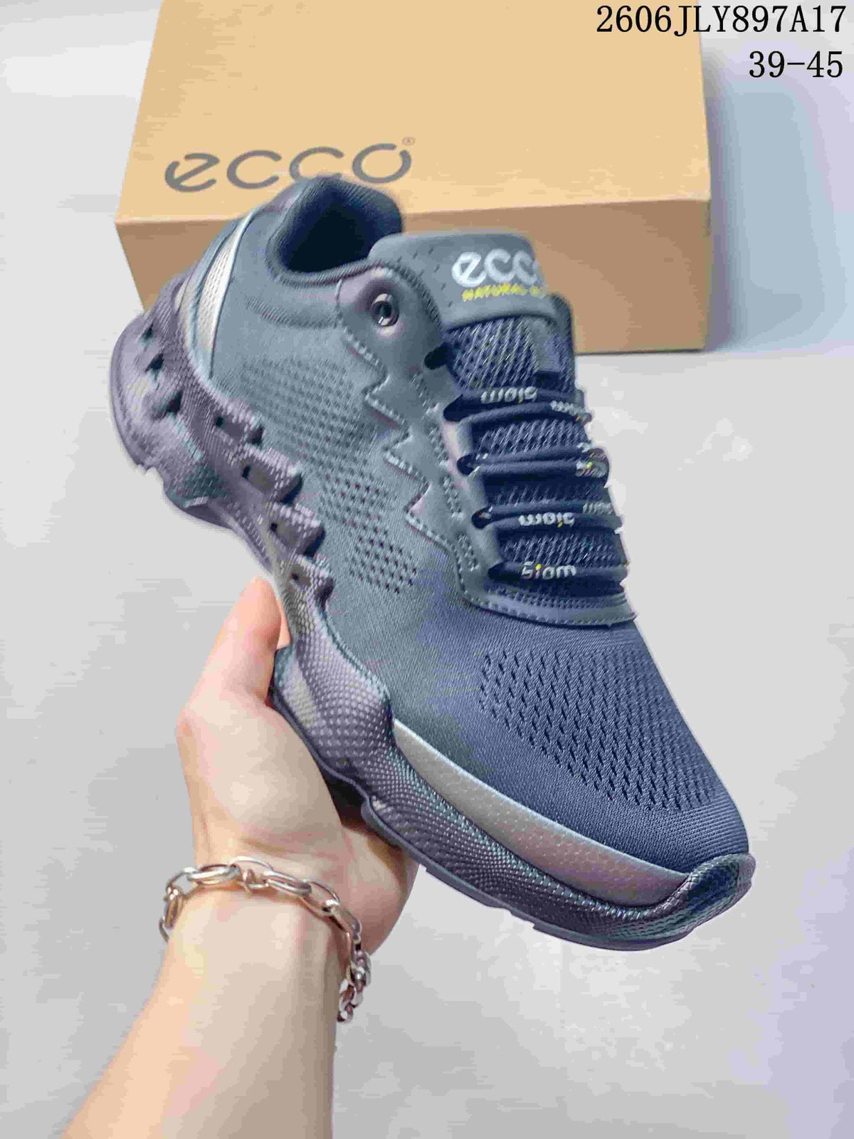 Close side view of a dark navy ECCO sneaker with a textured heel and lace-up front; image overlay reads 39–45.