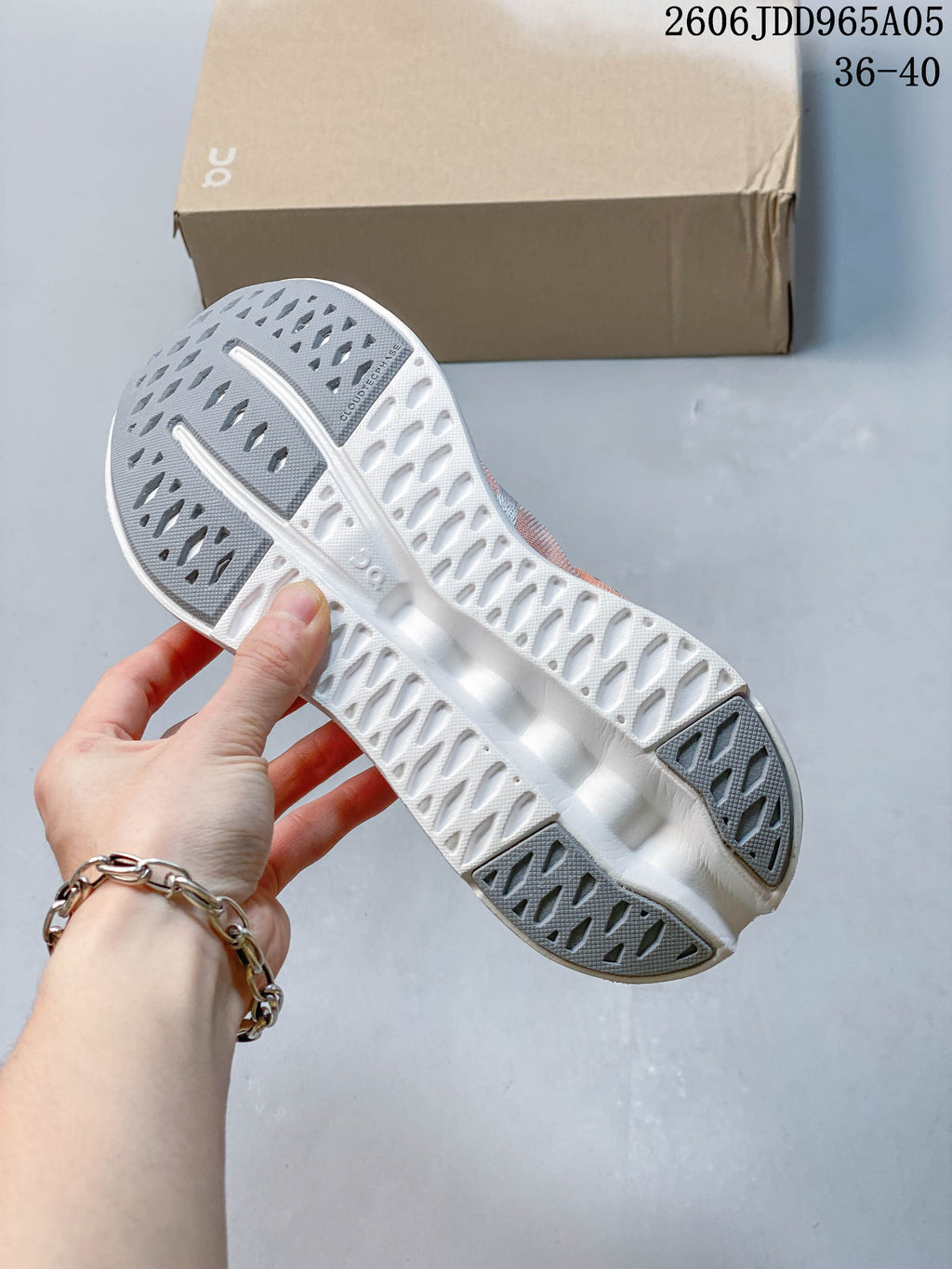 Underside view of the patterned white outsole with gray traction sections